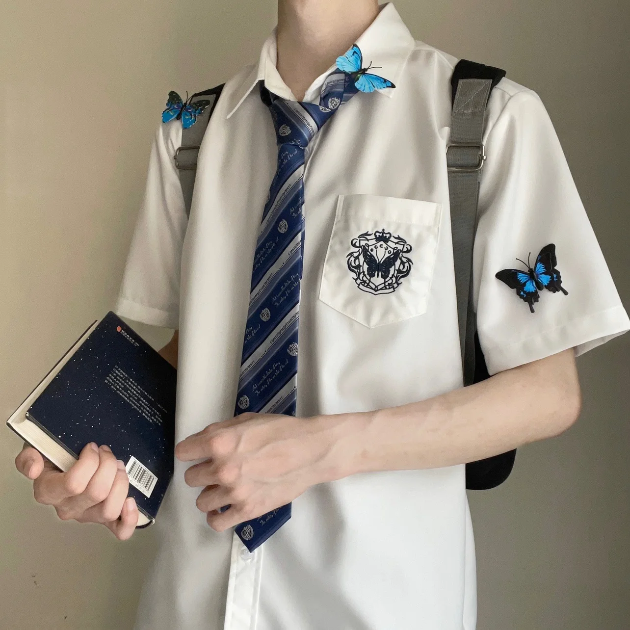 

Original JKDK White Shirt with Tie Long Sleeve Short Sleeve Loose Fit Cotton Polyester Blend Four Season Versatile Inner Wear