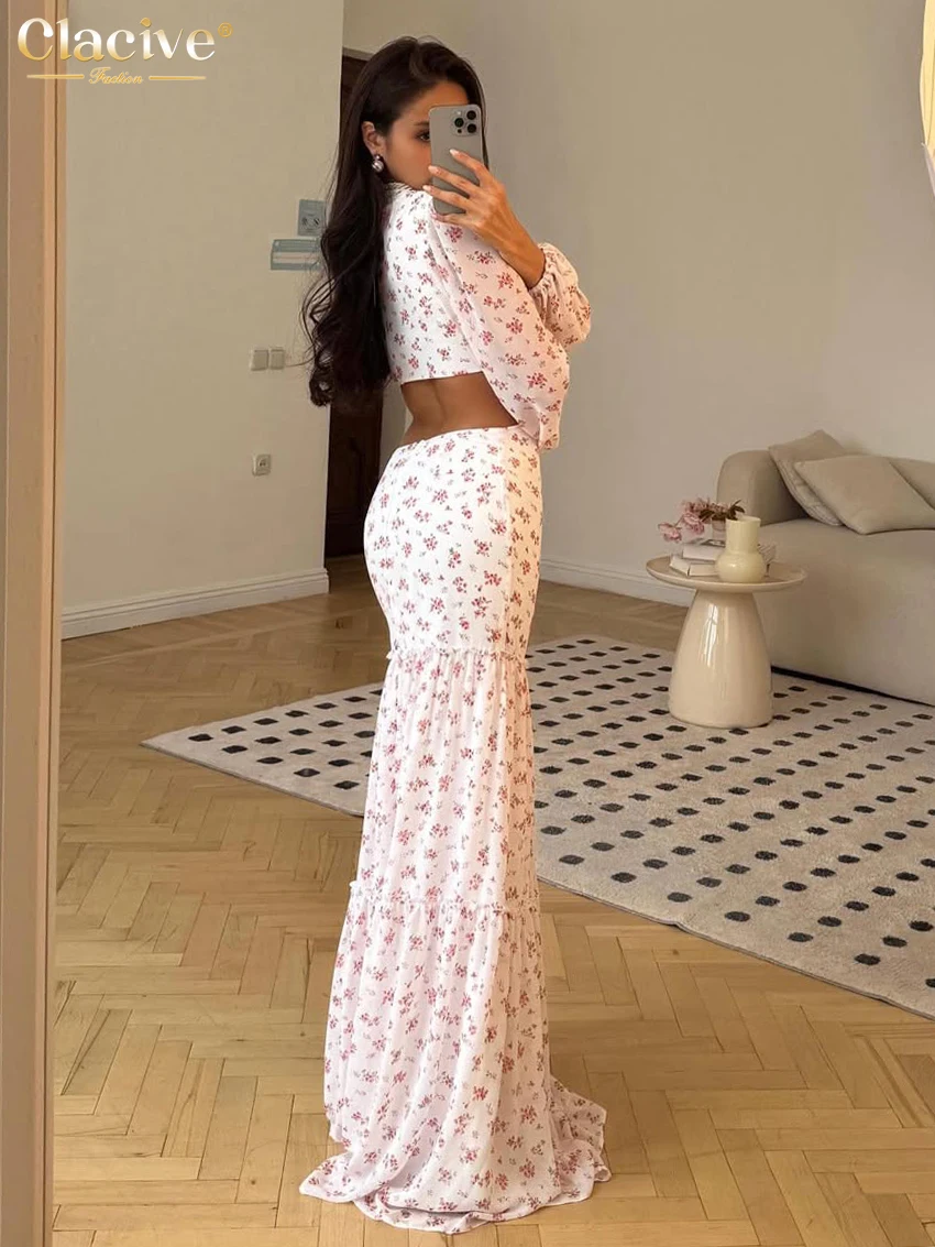 Clacive Sexy Loose Print Women's Dress 2025 Fashion V-Neck Long Sleeve Maxi Dresses Elegant Classic Hollow Out Female DressClaci