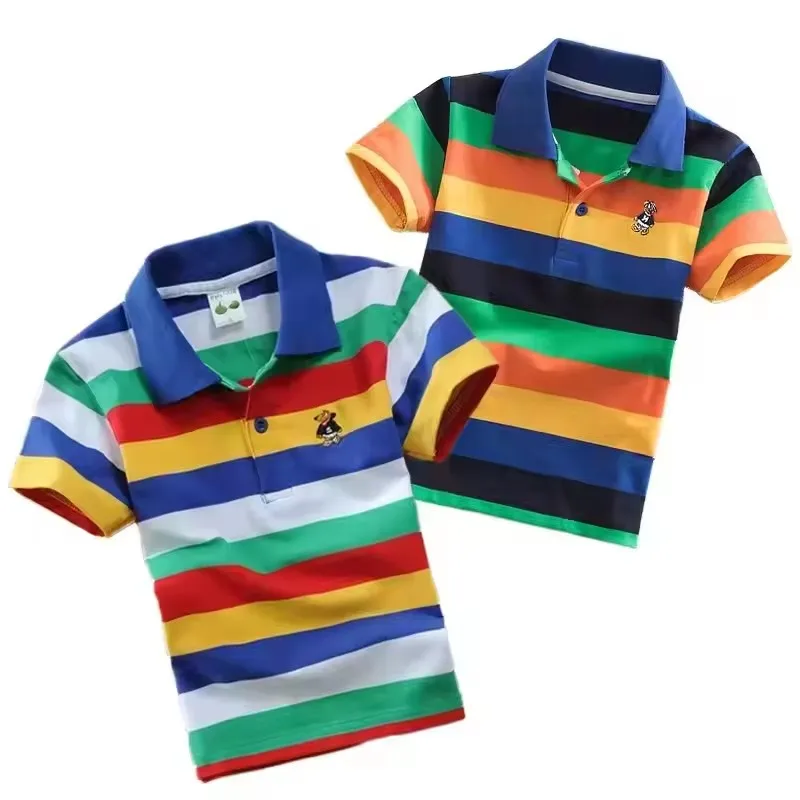 Jungen Mädchen T-Shirt Sommer Kinder Gestreiftes Kurzarm-Shirt Cartoon Bär Stickerei Tops Große Kinder Atmungsaktives Polohemd Kleidung