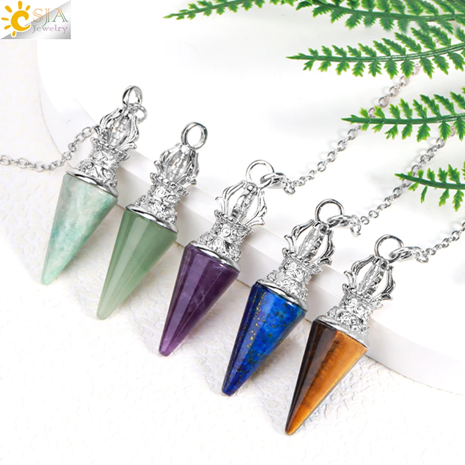 CSJA-Colgante de cono redondo de cristal Natural, péndulo de amatista, fluorita, cuarzo transparente, adivinación, curación espiritual T077