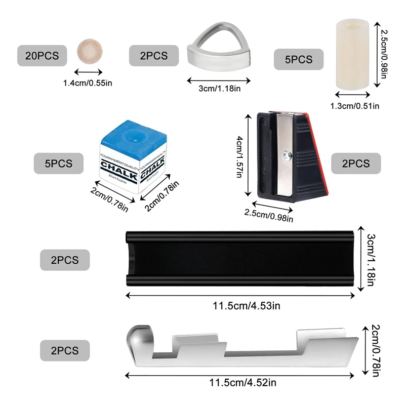 Dicas de taco de bilhar para reparo de taco de bilhar 2 braçadeiras de ponta de taco 20 pontas de taco 2 modeladores 5 giz quadrado 5 virolas 2 plainas de ponta de taco peça de reparo