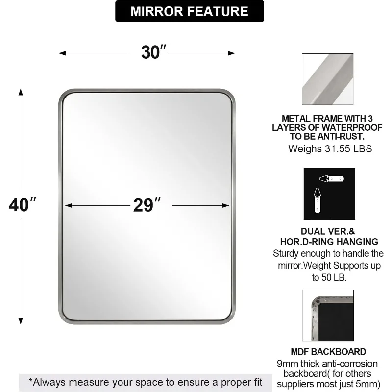 Brushed Nickel Bathroom Mirror, 40”X30” Satin Nickel Mirror for Vanity, Rounded Rectangle Mirrors in SUS304 Anti-Rust Tube