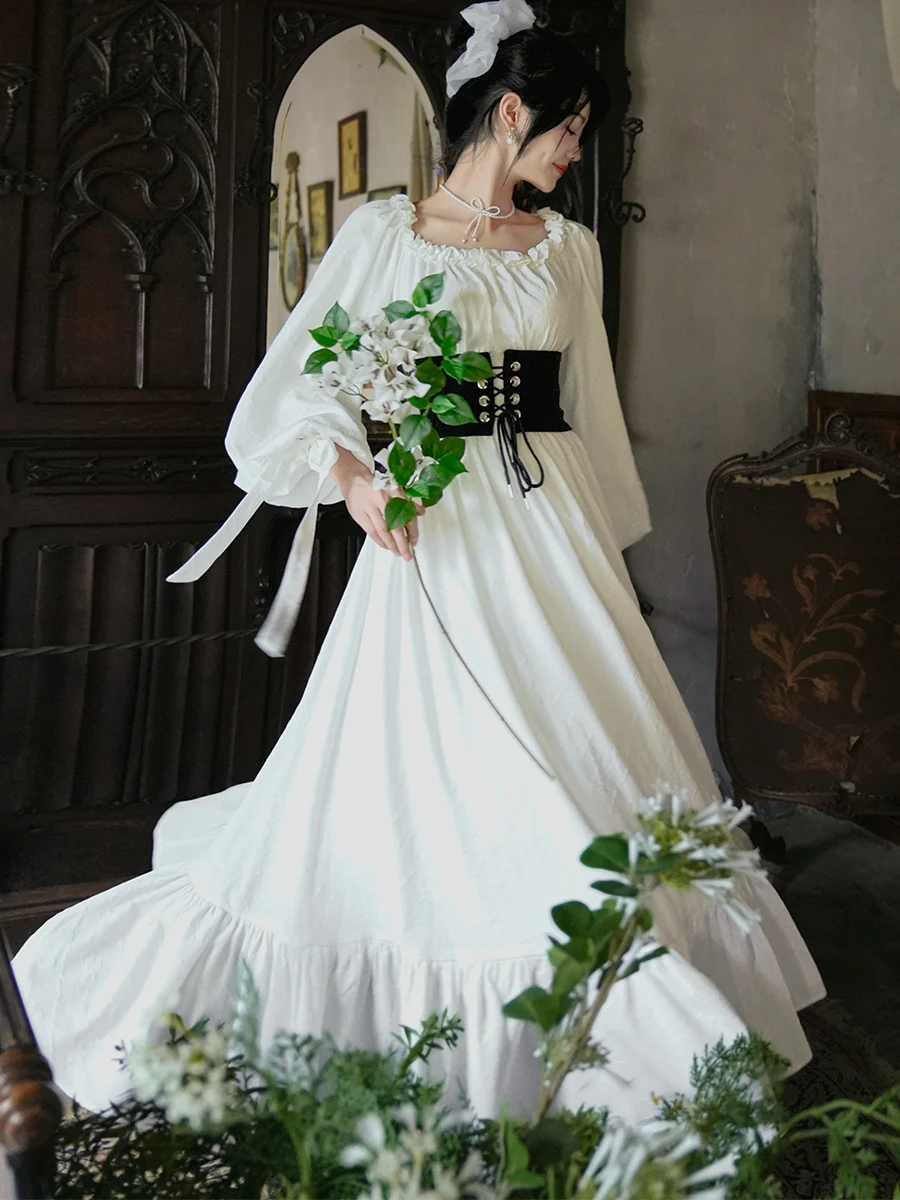 TIYIHAILEY ربيع الخريف النساء فستان كامل فانوس كم طويل ماكسي السيدات S-XL خمر عالية الخصر 2025 فستان أبيض جديد الدانتيل يصل