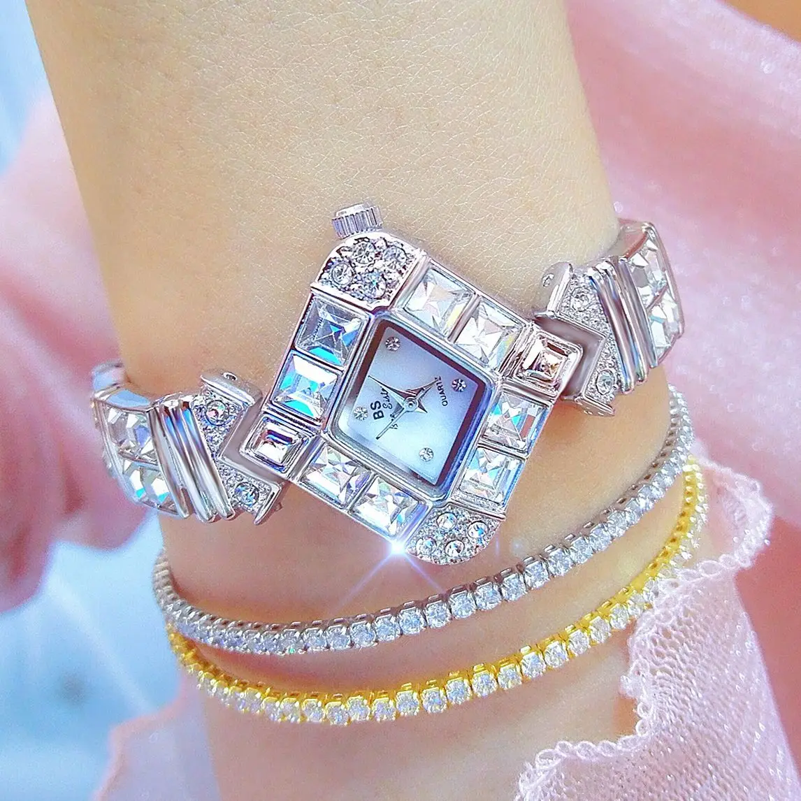 Montre Femme Ladies Watch Rose Gold Diamond Square Water Resistant Silver Quartz Watch Birthday Party Gift Relogio Feminino