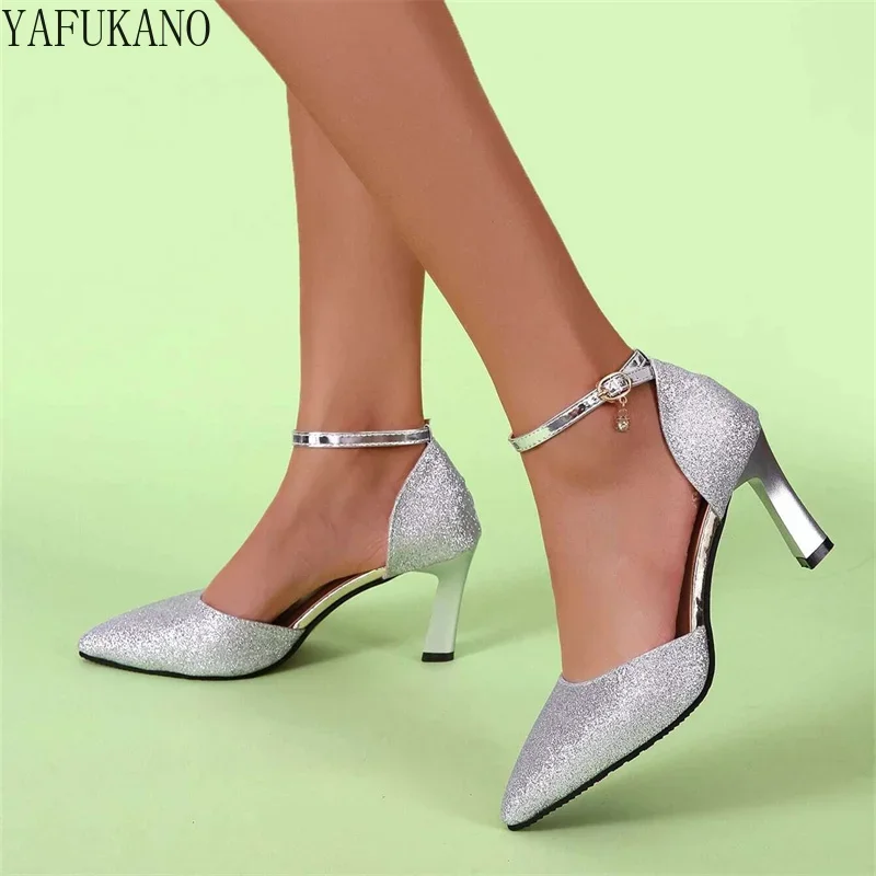 Summer Mid Hollow Women Sandals Gold Silver Glitter Bling Party Wedding Shoes Pointed Toe Small Thick Heel Ankle Strap Pumps