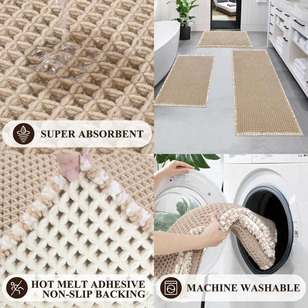 

Non-Slip Soft Absorbent Bath Mat Set for Floor, Tub, Shower - Machine Washable, Khaki