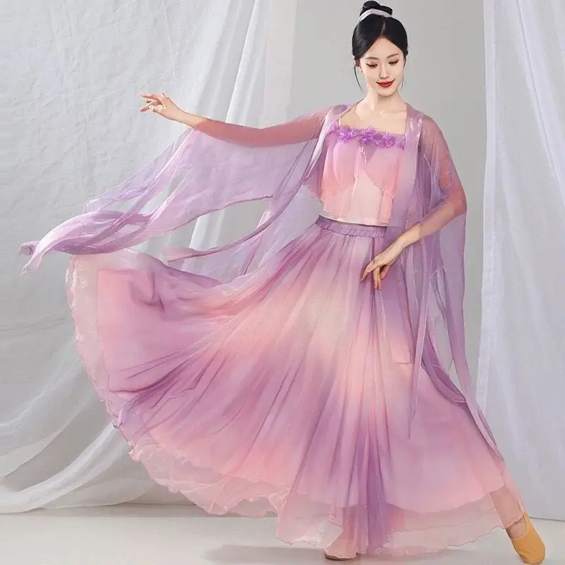 

Классический танцевальный костюм для женщин, струящийся и эфирный национальный стиль, рубашка с длинными рукавами и рукавами-лепестками, газовое платье с