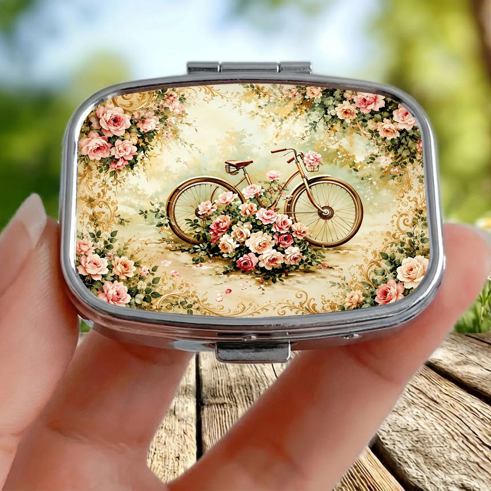 1 Piece, Flat Design, -Inspired by Warm Pastoral Style Floral Art Patterns, Square Compartment Box, Portable Medicine Storage Box, Practical Gift, Durable Metal and Plastic Material