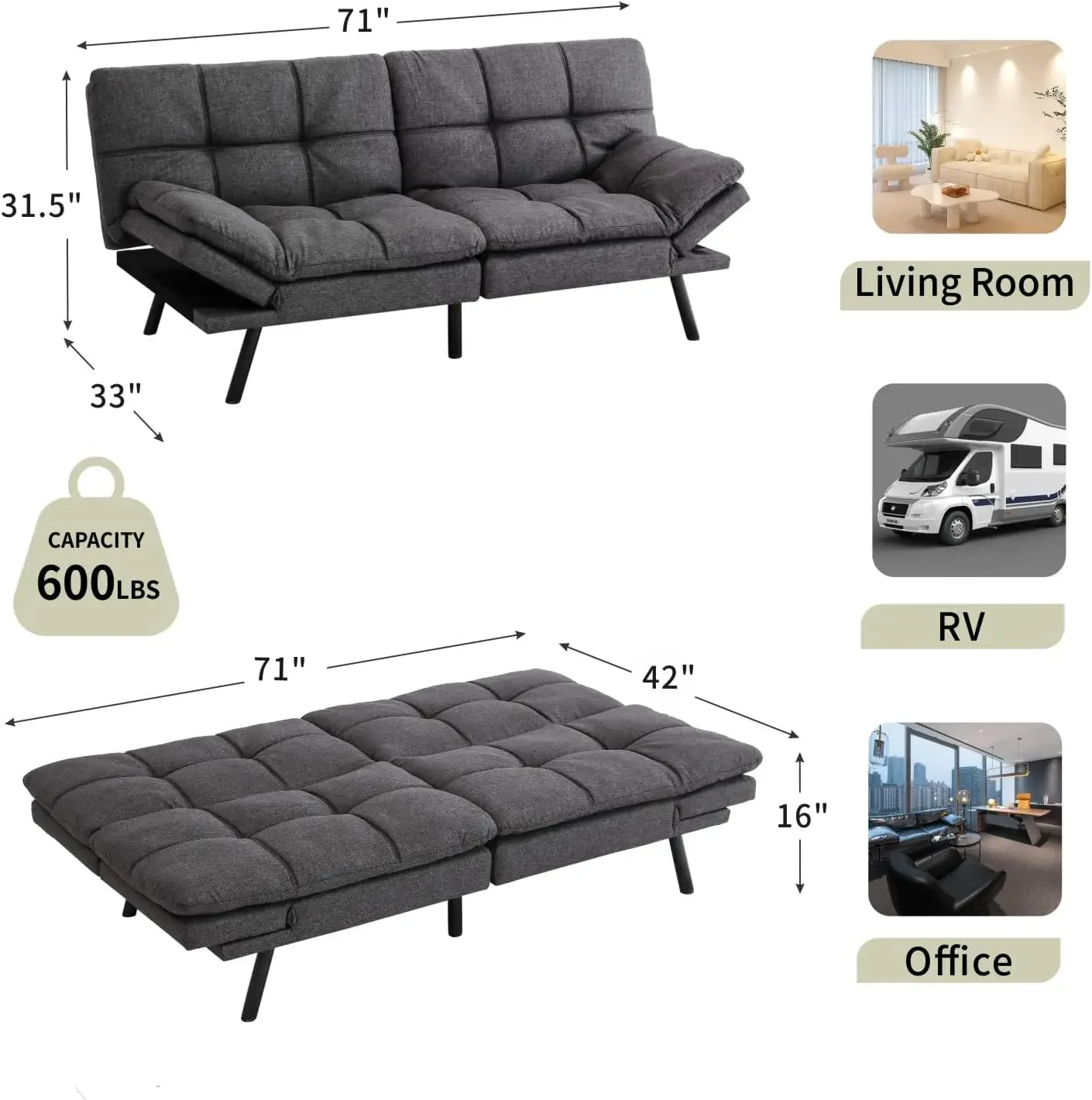 Memory Foam Futon Sofa Bed, Convertible Modern Couch Bed for Living Room,Compact Space,Apartment,Office