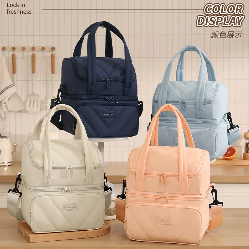 بلون طبقة مزدوجة حقيبة الغداء مانعة للتسرب سعة كبيرة حقيبة حفظ الطعام نزهة التخييم المحمولة حقيبة محمولة باليد