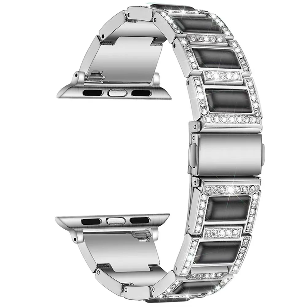 Metal+Resin Strap For Apple Watch Band 45mm 41mm 44mm 42mm 40mm 38mm Women Diamond Bracelet For iWatch series 8 7 6 5 4 SE Belt