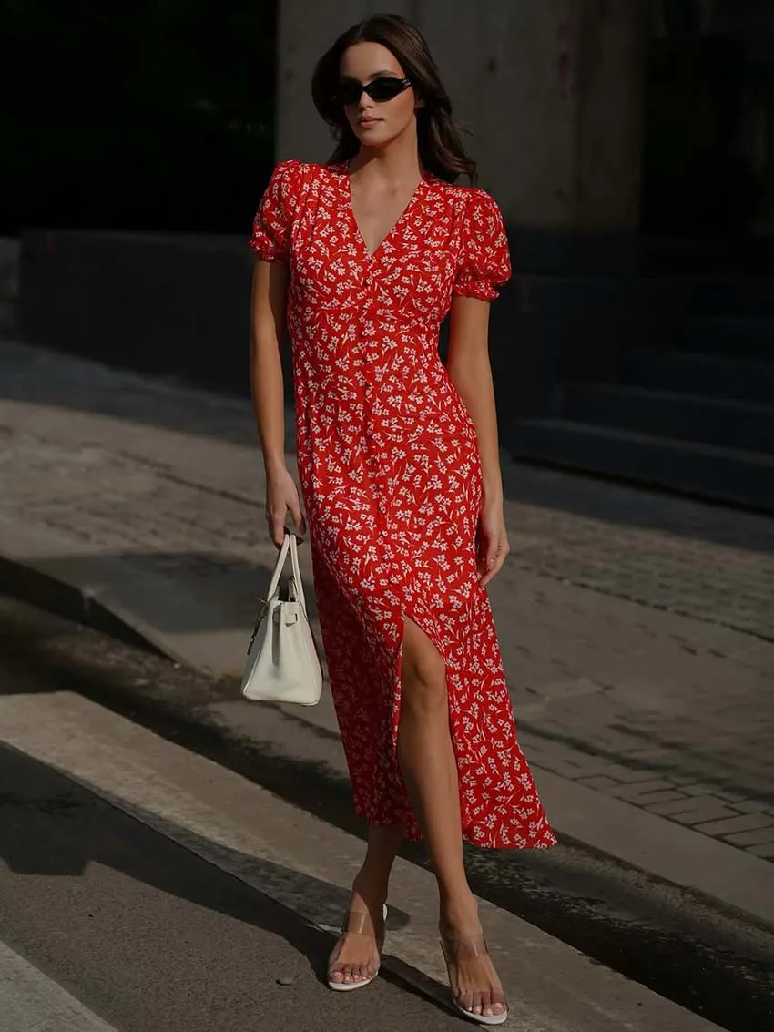 

Oymimi Elegant Red Print Womens Dresses Fashion V-Neck Short Sleeve Button Dresses Casual New High Waisted Slit Mid-Calf Dress