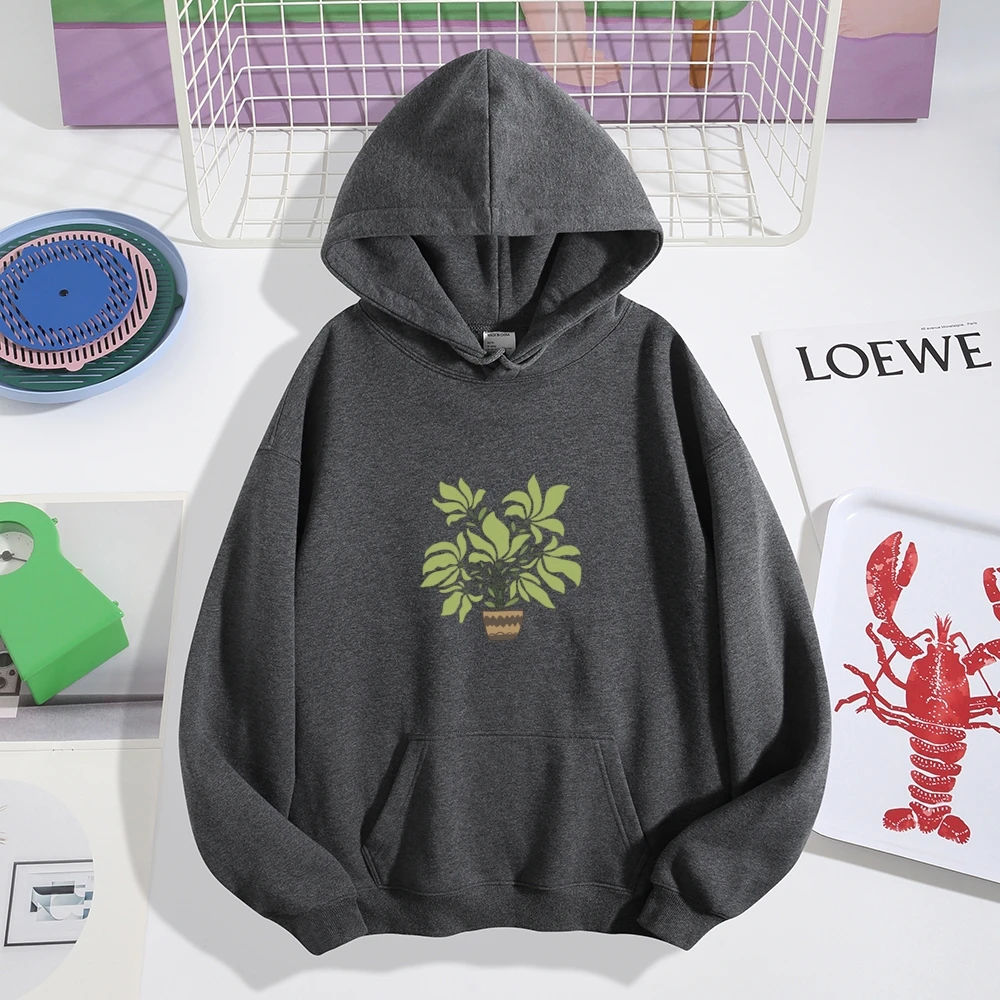 Hoodie Streetwear Kleding Zacht Los Comfort Casual Zwarte Top Met Capuchon Met Artistieke Potplanten Grafische Trendy Outfit
