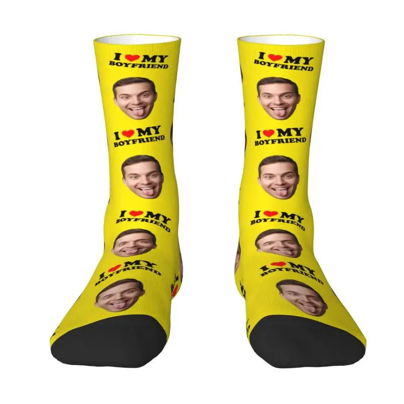 Novedad, calcetines de vestir personalizados con foto de cara personalizada I Love My Boyfriend para hombre, calcetines unisex cálidos y cómodos con estampado 3D