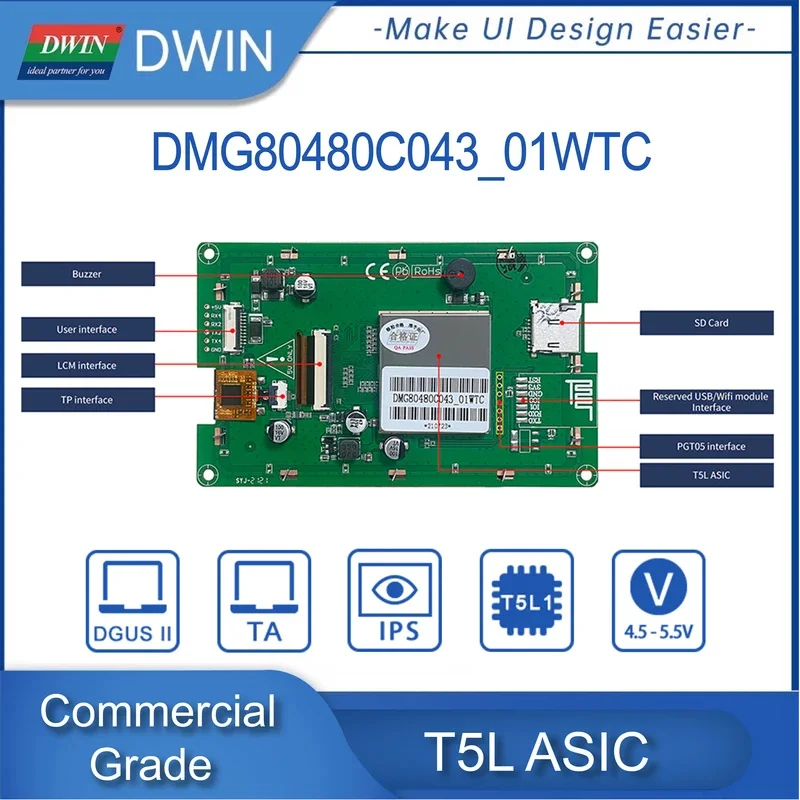 DWIN 4.3 인치 TFT LCD 모듈 800*480 픽셀 상업용 터치 스크린 TTL 스마트 디스플레이 HMI DMG80480C043_01W/02W