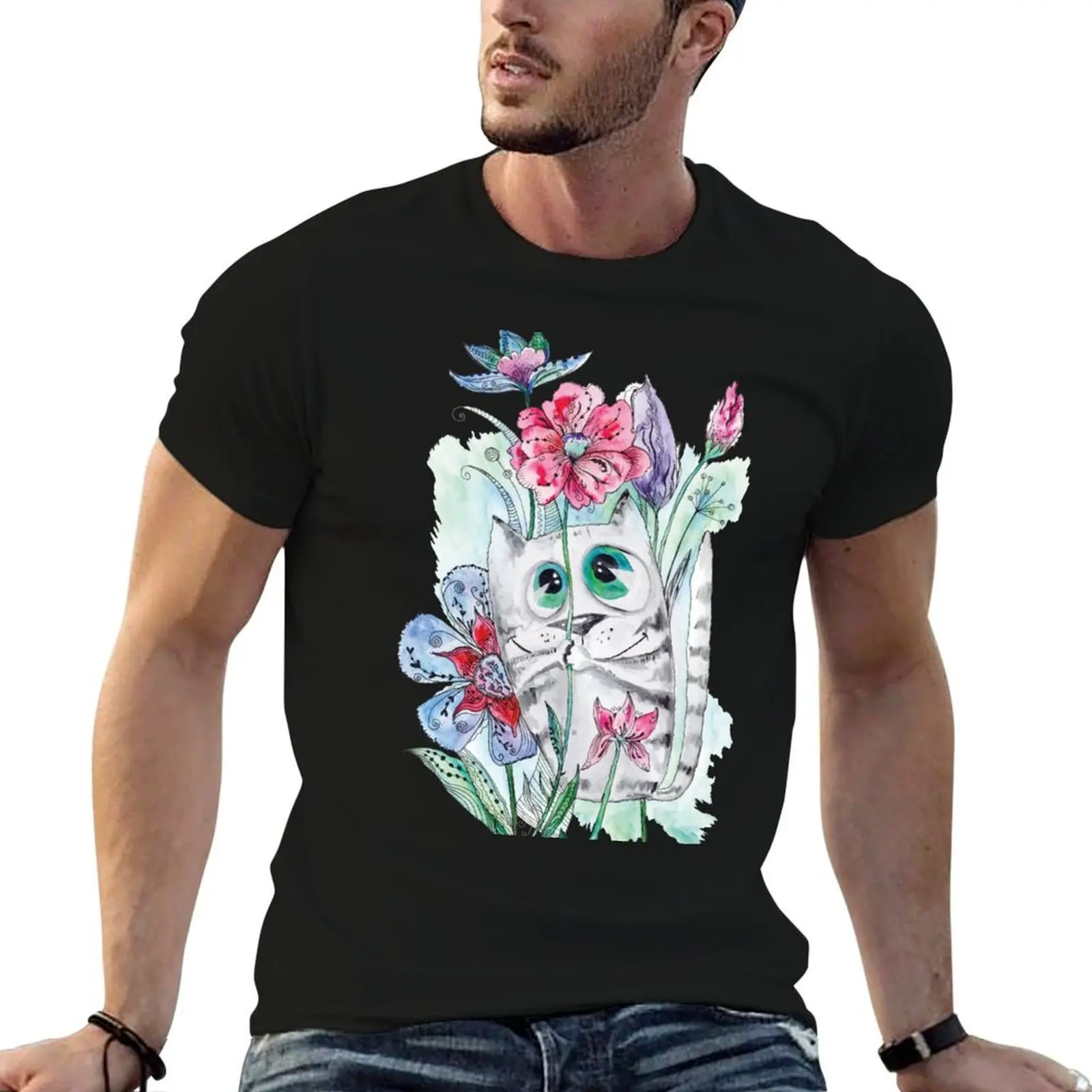 

Funny Watercolor Cat with Flowers T-Shirt cotton t shirt pack man t shirt designer T-Shirt