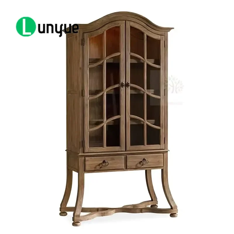 American Solid Wood Wine Cabinet Arched Glass Door Retro Double Door Display Sideboard for Dining Room Customizable Storage