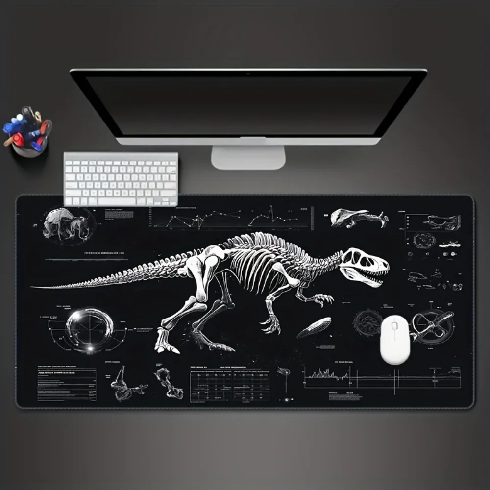 XXL Dinosaur Skeleton Gaming Desk Mat - Black and White Tech Style Extended Pad, Non-Slip Rubber PC Mat