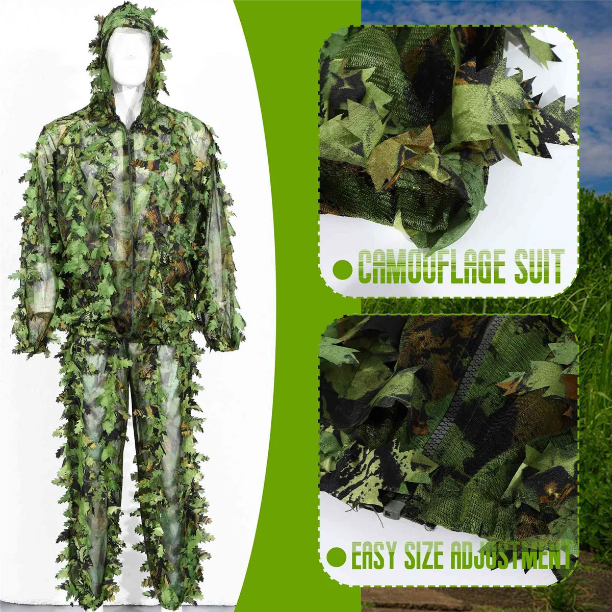 

【Home-Tools!】Sticky Flower Bionic Leaves Camouflage Suit Hunting Ghillie Suit Woodland Camouflage Universal Camo Set (B)