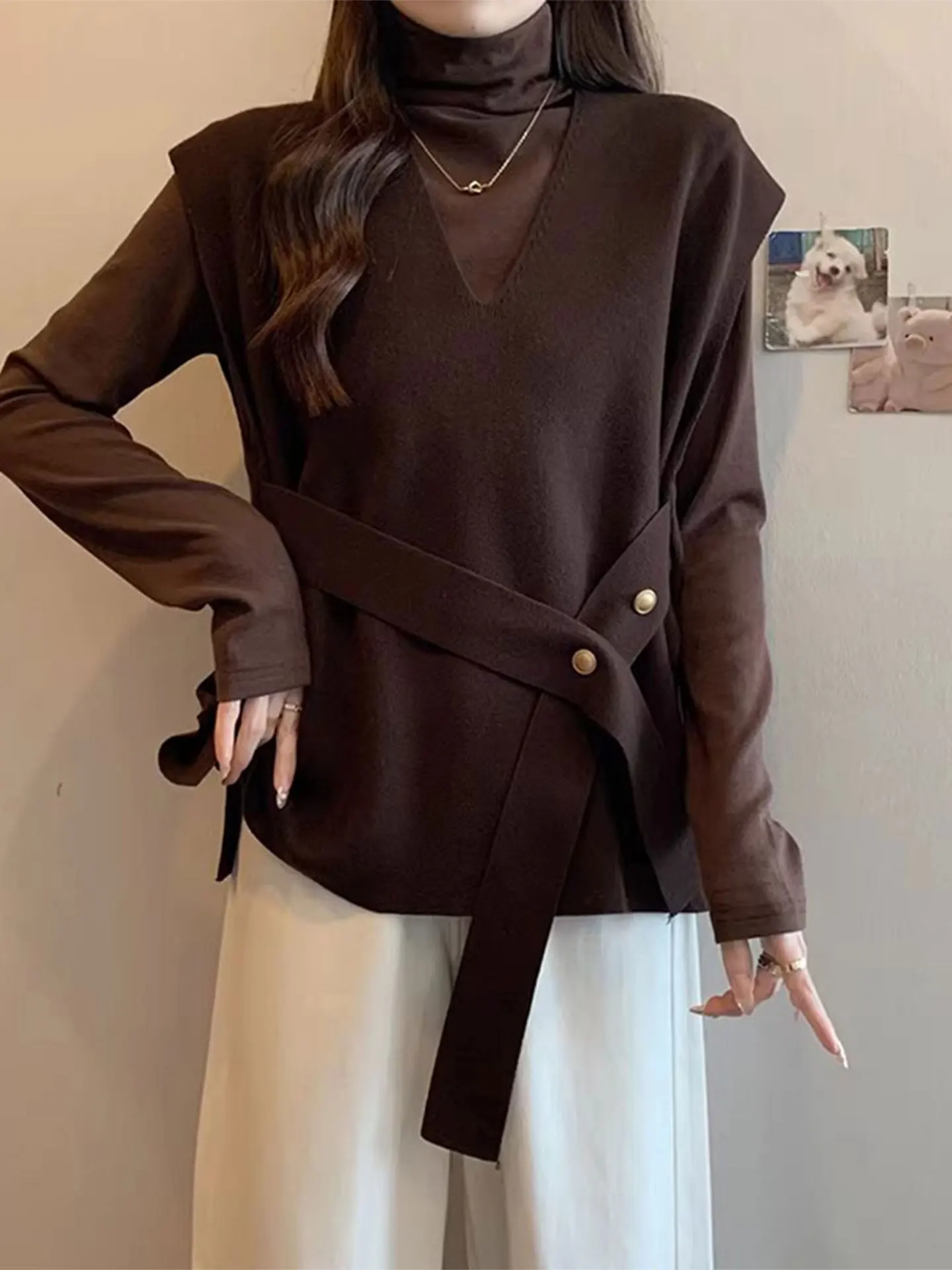 

Женский комплект из двух предметов: модный уникальный топ-жилет для похудения и свободная блузка с длинным рукавом в корейском стиле, большие размеры