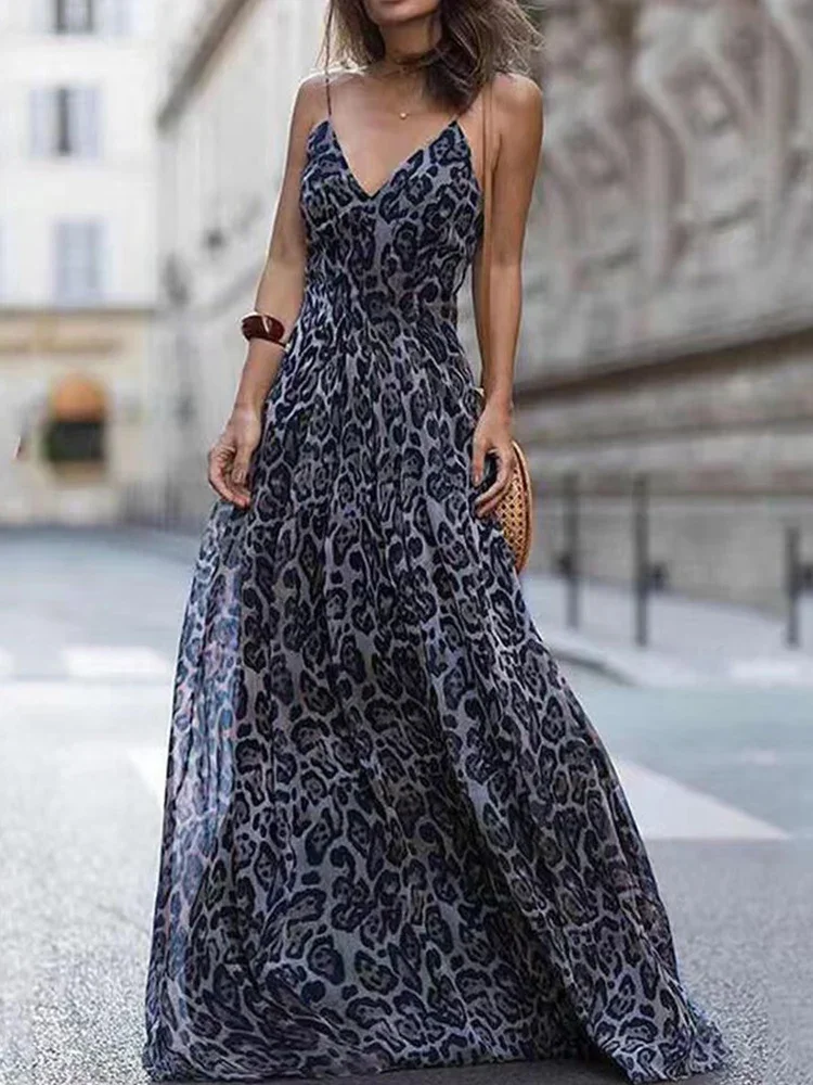 Sexy V Neck Leopard Print Sling Dress Summer Elegant Off Shoulder Long Party Dress Fashion Women Wrap Waist Slim Robe Dress