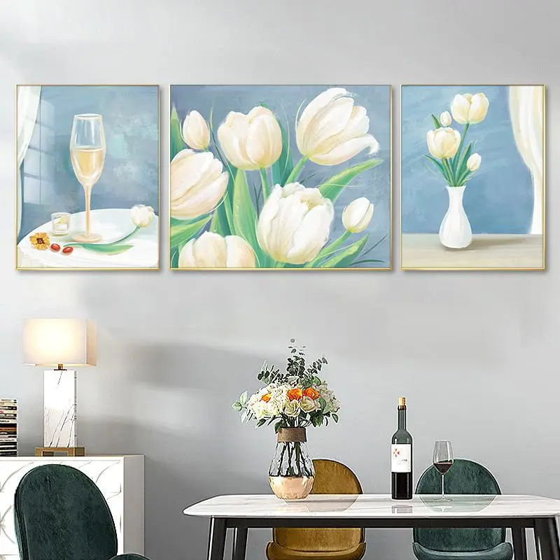 

Restaurant cross stitch triptych painting of tulips, three pieces in one set, handmade embroidery, large grid full embroidery,