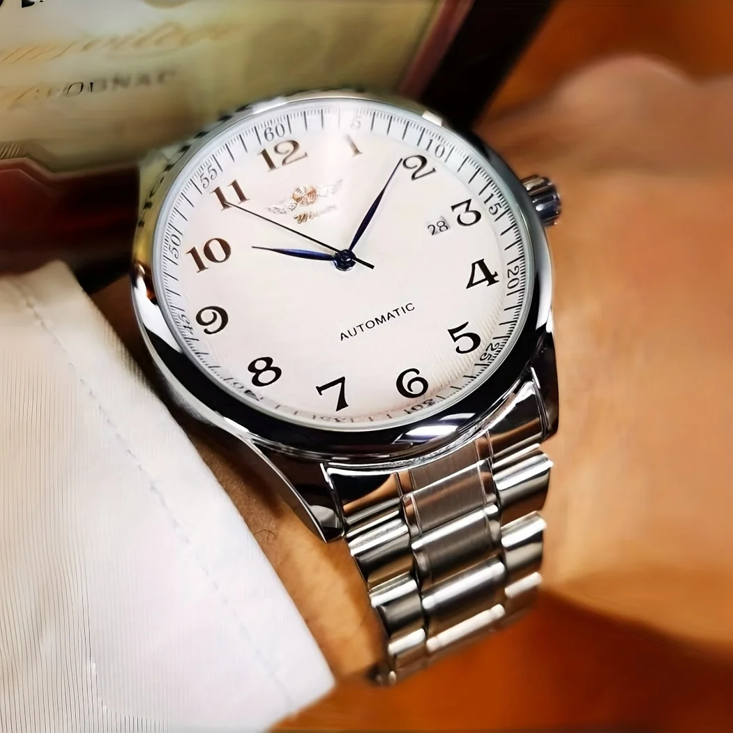 Simple Fully Automatic Mechanical Men's Watch with Calendar, Stainless Steel Strap, Perfect Gift for Men