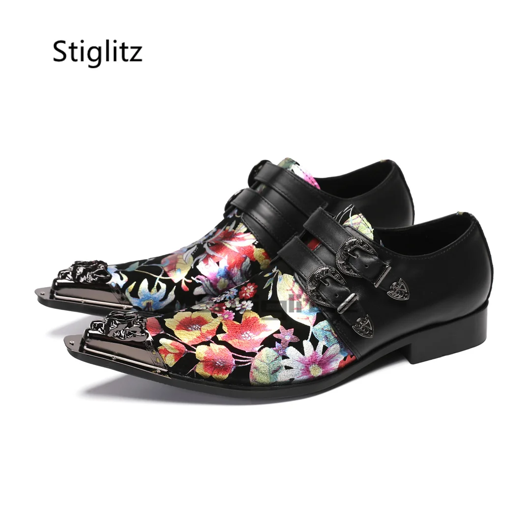 

Flowers Prints Genuine Leather Men's Shoes Metal Pointed Toe Double Buckle Business Dress Shoes Fashion Low Heel Prom Male Shoes