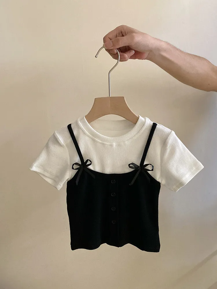 Summer Girl Bow Short Sleeved T-Shirt Fashionable New Style Children's Patchwork Outer Wear Fake Two-Piece Top