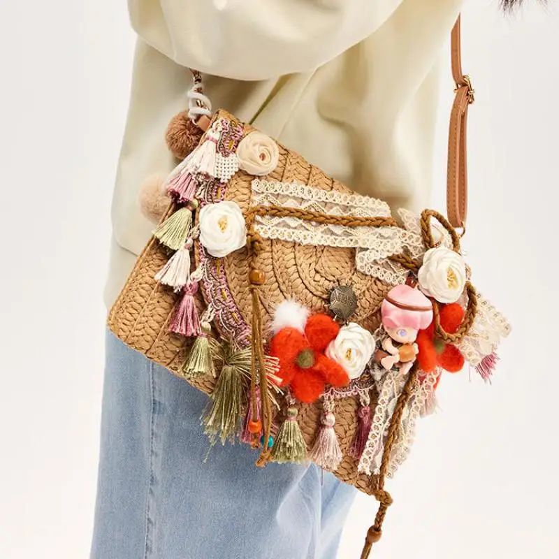 

New Fashion Woven Hollow Tassel Pendant Square Women's Bag Simple Casual Versatile Japanese Single Shoulder Crossbody Bag Trendy