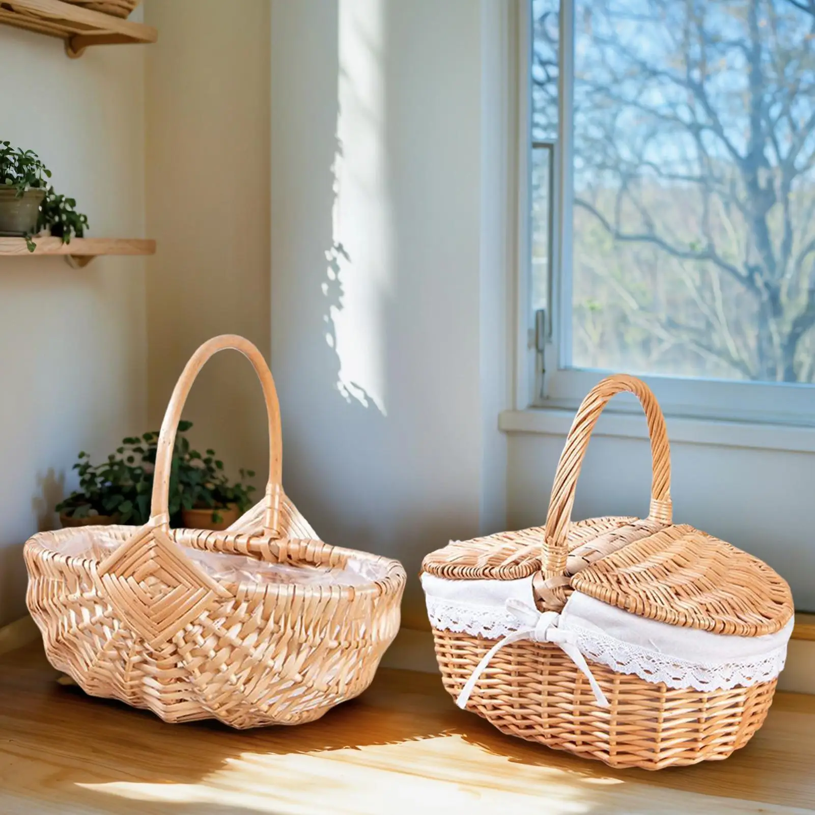 Wicker Handmade Woven Rattan Basket With Handle And Double Lids Camping Picnic Food Storage Container For Camping