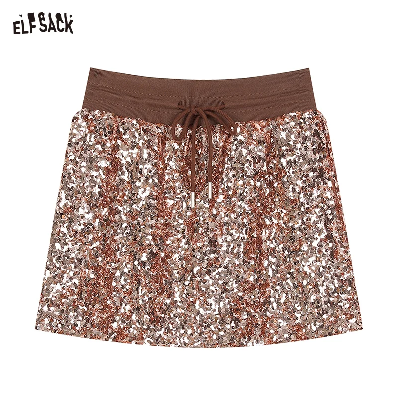 2024 Autumn ELFSACK New Arrivals Sequined pink brown heavy sequined personalized drawstring elastic waist high waist hip skirt f