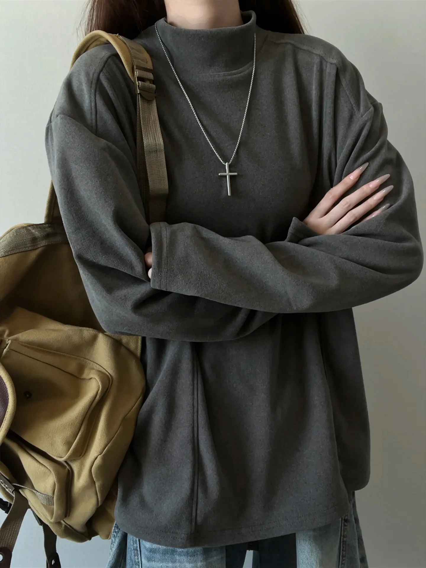 Gray Thickened Long Sleeve Sweatshirt Half High Collar Men Women Autumn Winter American Deconstruction Inner Wear Base Shirt