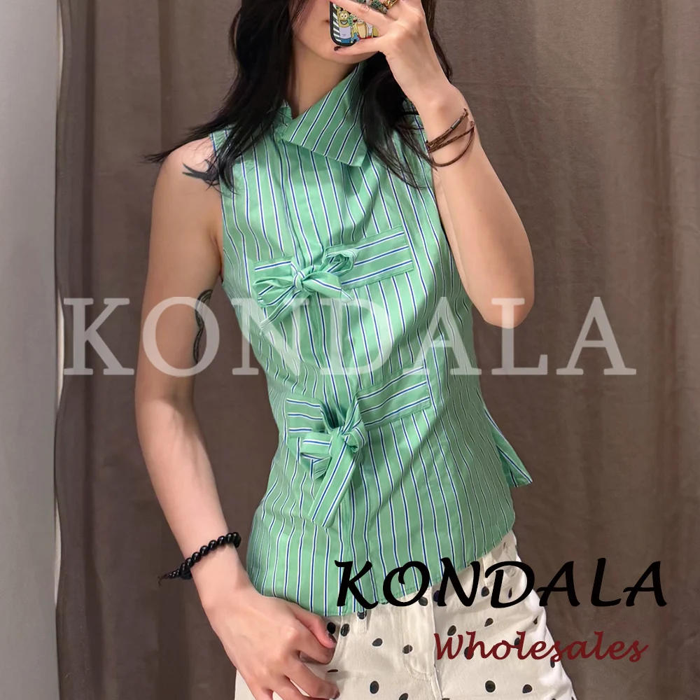 KONDALA Chic Striped Green Y2K Beach Women Summer Fashion 2026 Top Bows Tank Shirt Casual Streetwear Female Single Breasted Vest view 2