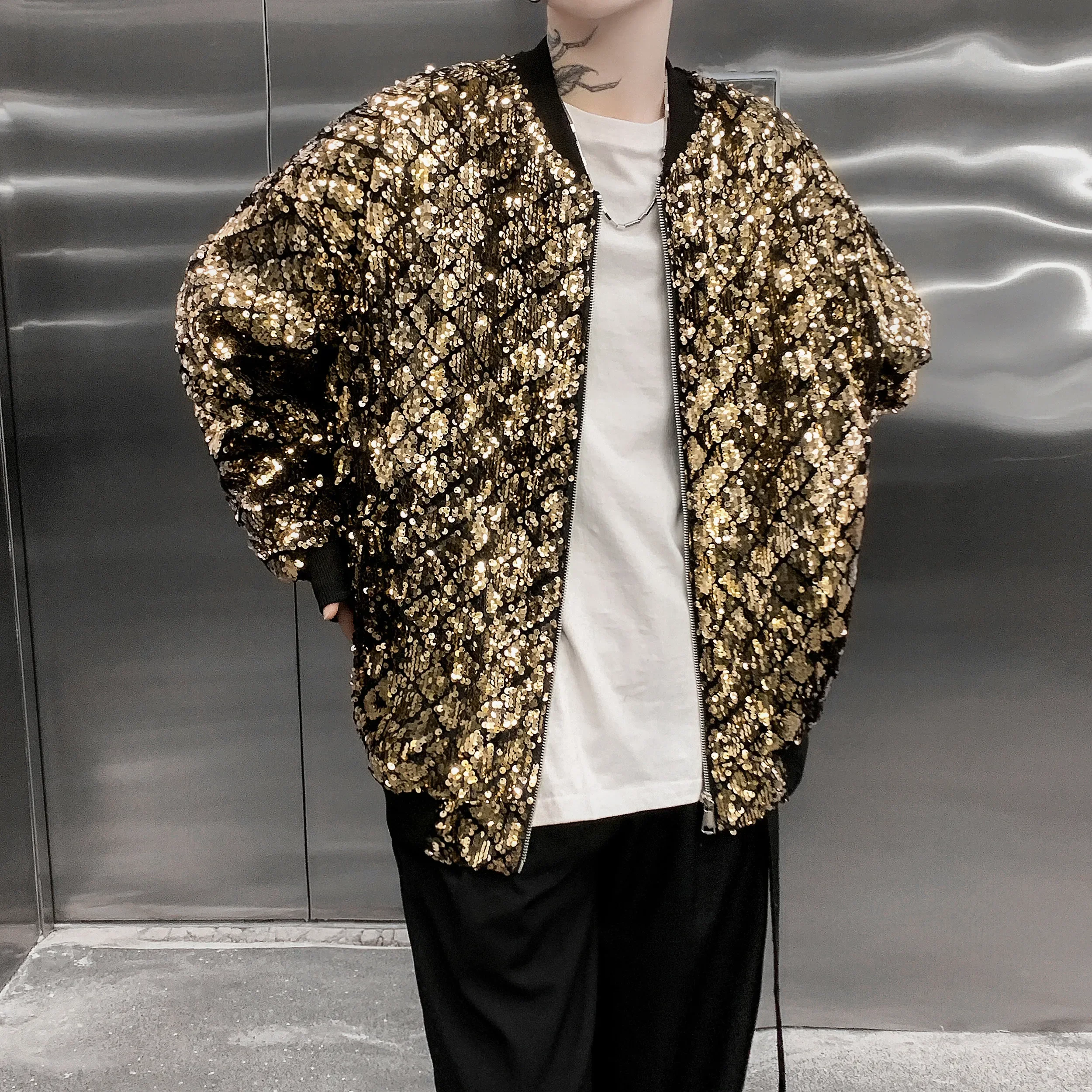 

Gold Nightclub Shiny Sequin Fashionable Performance Jackets for Mens Stage Costume for Dancer Oversize Clothing Loose Silver