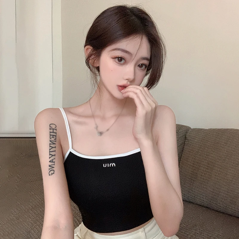 Letter Print Sling Crop Top Sexy Women Strap Tank Tops Cropped Ladies Elastic Shirt Vest Camisole Clothes