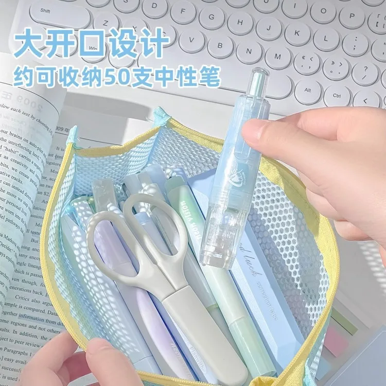 Double-layer Clear Mesh Pen Bag  Fabric Portable Zipper Triangle Pouch Stationery Storage Case For School Students Supplies