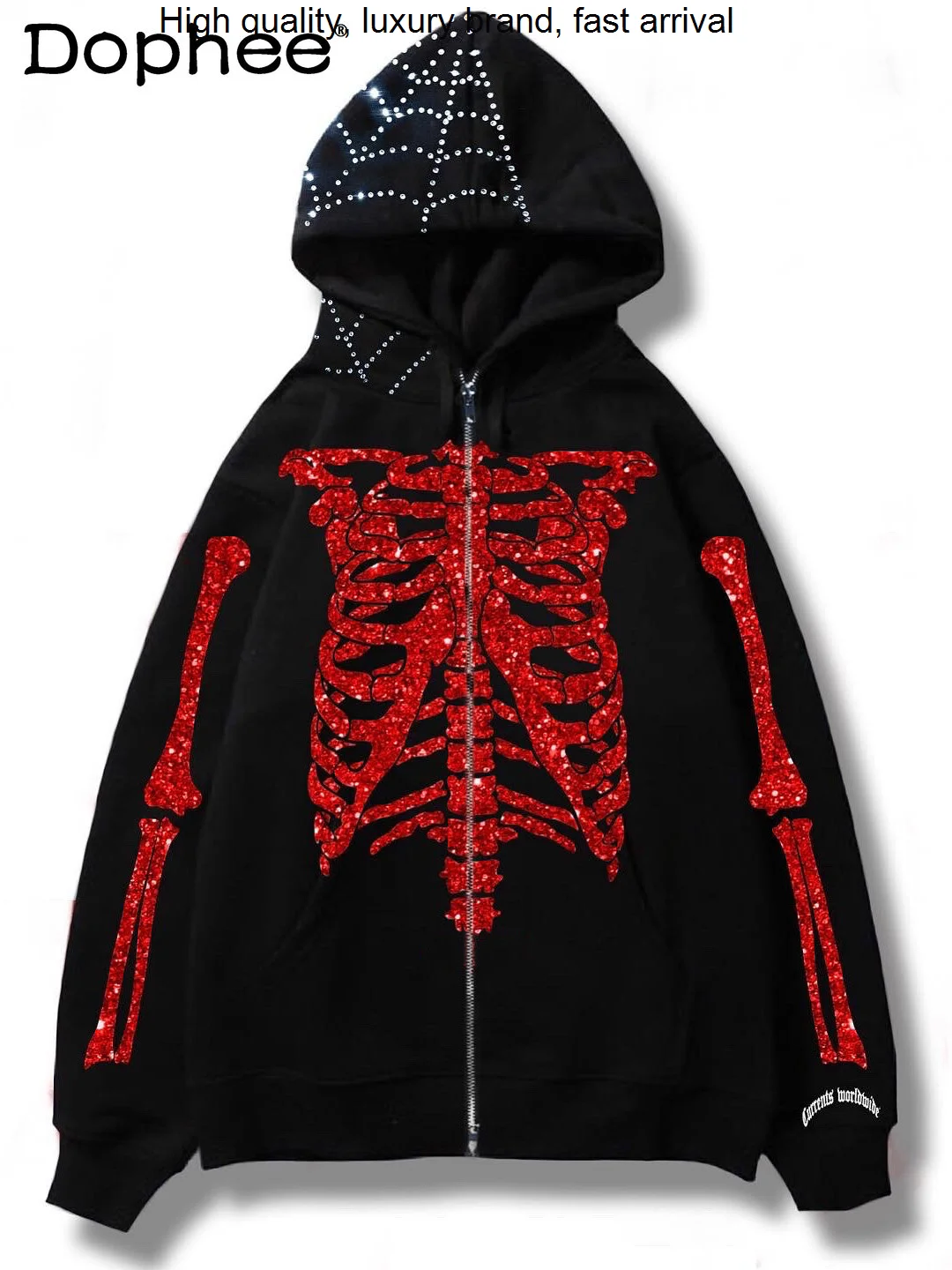 Sequins Hepburn Rhinestone Skeleton Printed Hoodie Coat Women Men Autumn Winter New Long Sleeve Hooded Sweatshirt Jacket Y2k Top