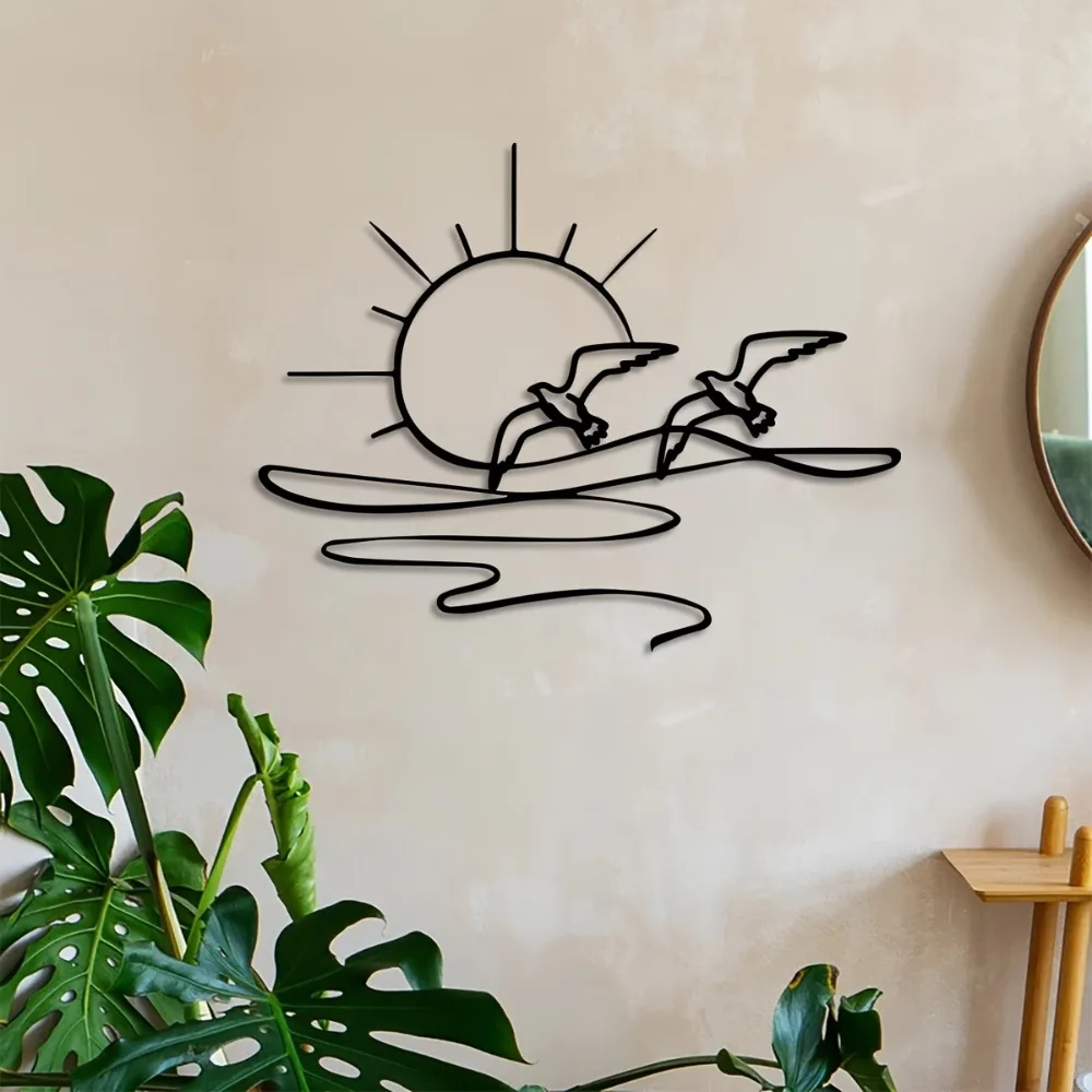 

Металлическое настенное панно «Солнечный рассвет и чайки» в прибрежном стиле для гостиной, пляжного дома, фермерского дома