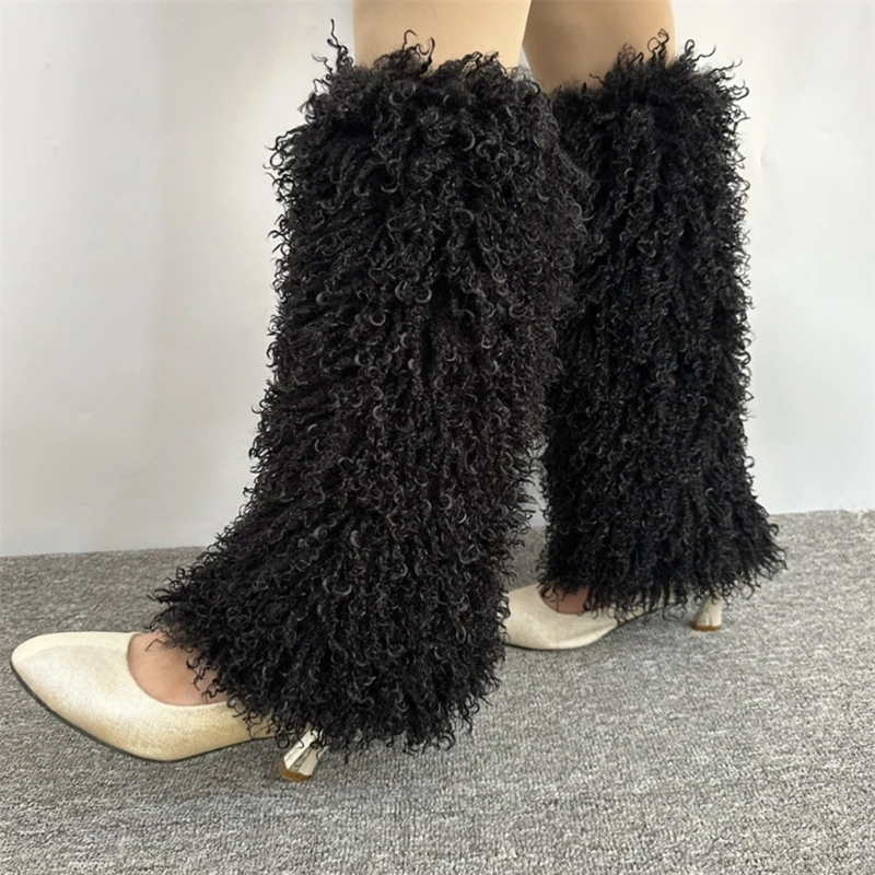 Women Fall Winter Furry Leg Warmers Calf Socks Shoes Cuffs Harajuku Solid Color Fuzzy Plush Foot Warming Cover