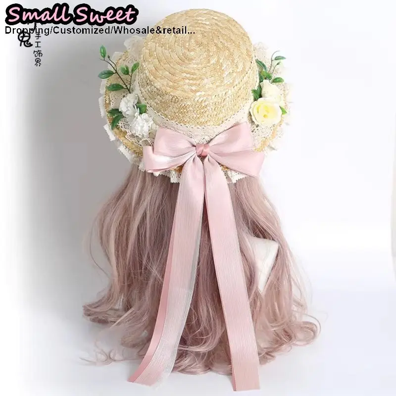 Small Sweet Store Lolita Straw Hat Women Girls Summer Women Elegant Lolita Lace Straw Hat Handmade Beach Sun Hat Forest-Style