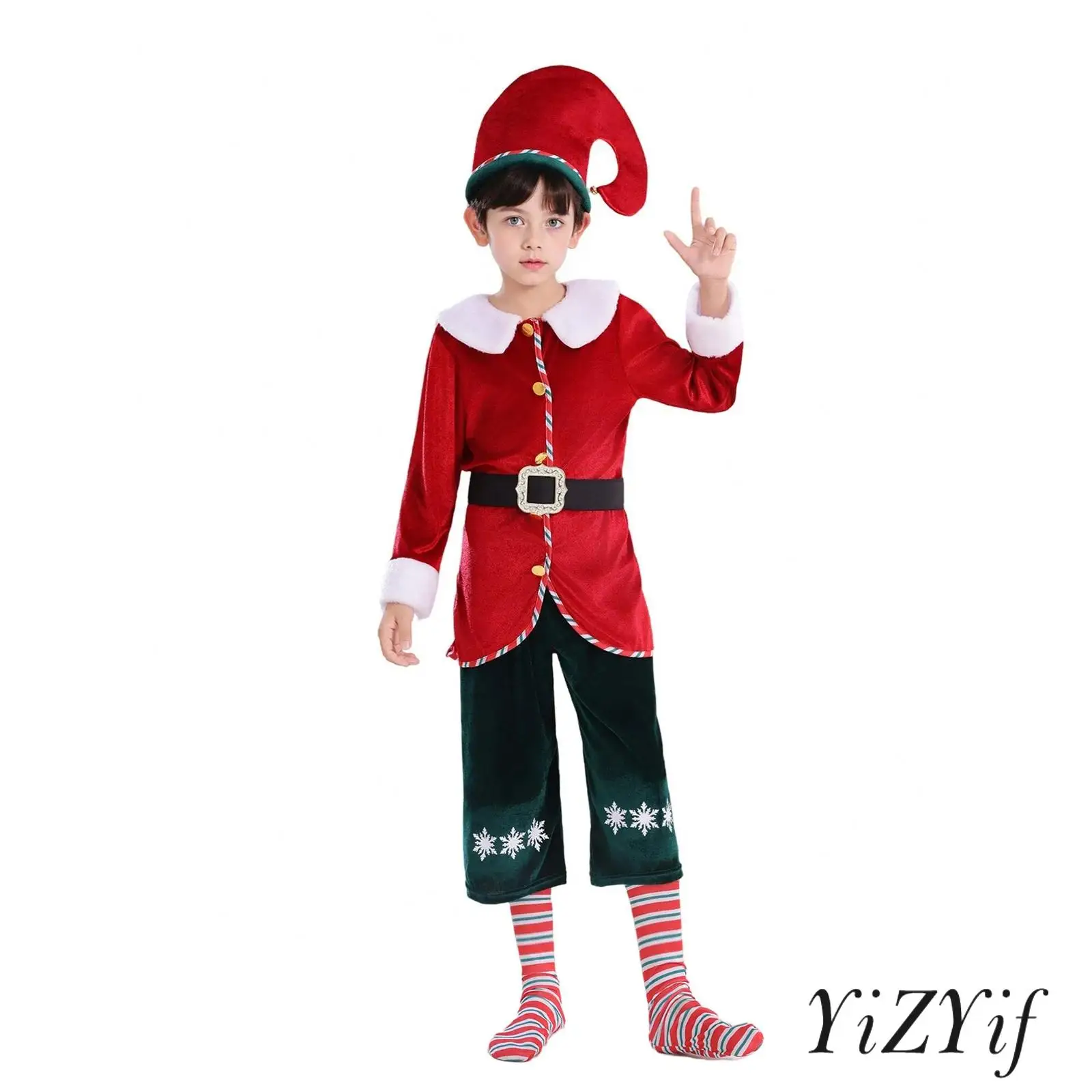 

Boys 5Pcs Santa Helper Cosplay Outfits Long Sleeve Top+Snowflake Print Long Pants+Stripe Socking+Xmas Hat Waistbelt Xmas Elf Set