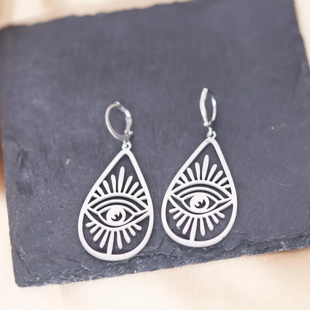 QIAMNI Stainless Steel Evil Eye Hoop Earrings for Women Fashion Geometric Water Drop Huggie Earings Cartilage Piercing Jewelry