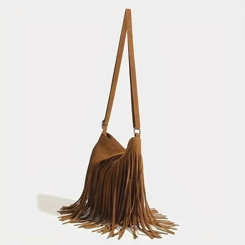 NYXIA Boho Style Fringe Crossbody Bag Vintage Suede Shoulder Bag Women\'s Large Capacity Casual Fringe Postman Shoulder Bag