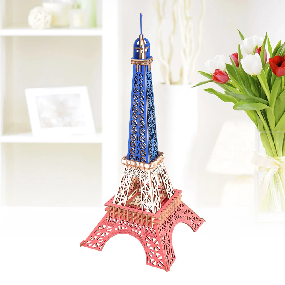 Tricolor 3D Wood Eiffel Tower Puzzle Educational Development Creative Skills Hand Eye Coordination Concentration Cognitive Gift