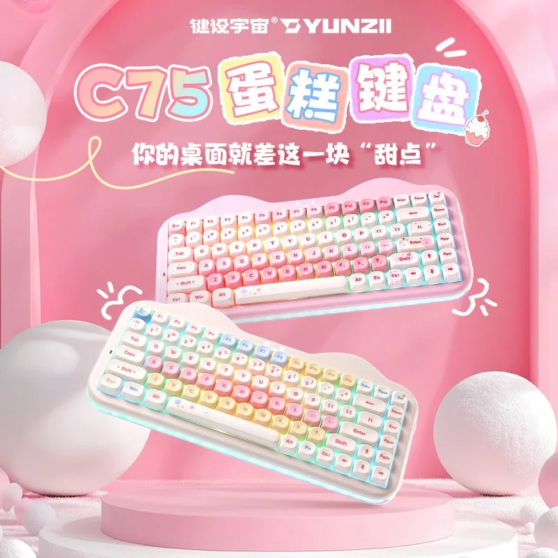 YUNZII C75 75% Wireless Mechanical Keyboard Tri-mode Bluetooth RGB Hot Swap Custom Aesthetic Office Keyboard for Mac Girl