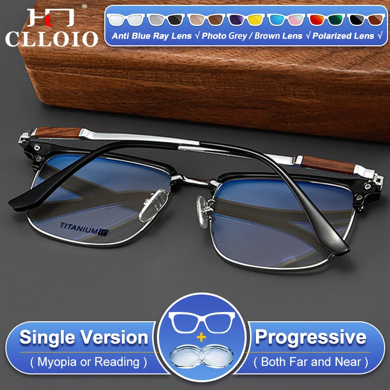 

CLLOIO Модные мужские очки для близорукости с оправой из чистого титана, деревянный дизайн, защита от синего света, прогрессивные линзы по рецепту