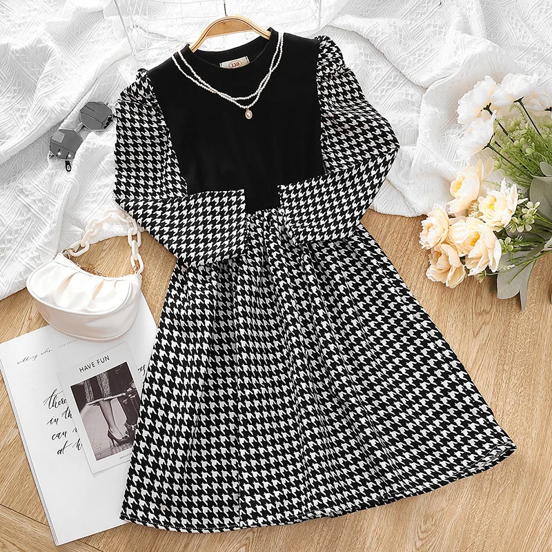Girls 5-8 Spring Autumn Patchwork Houndstooth Dress, Puff Long Sleeve Round Neck Loose A Line Kids Casual Daily Dress