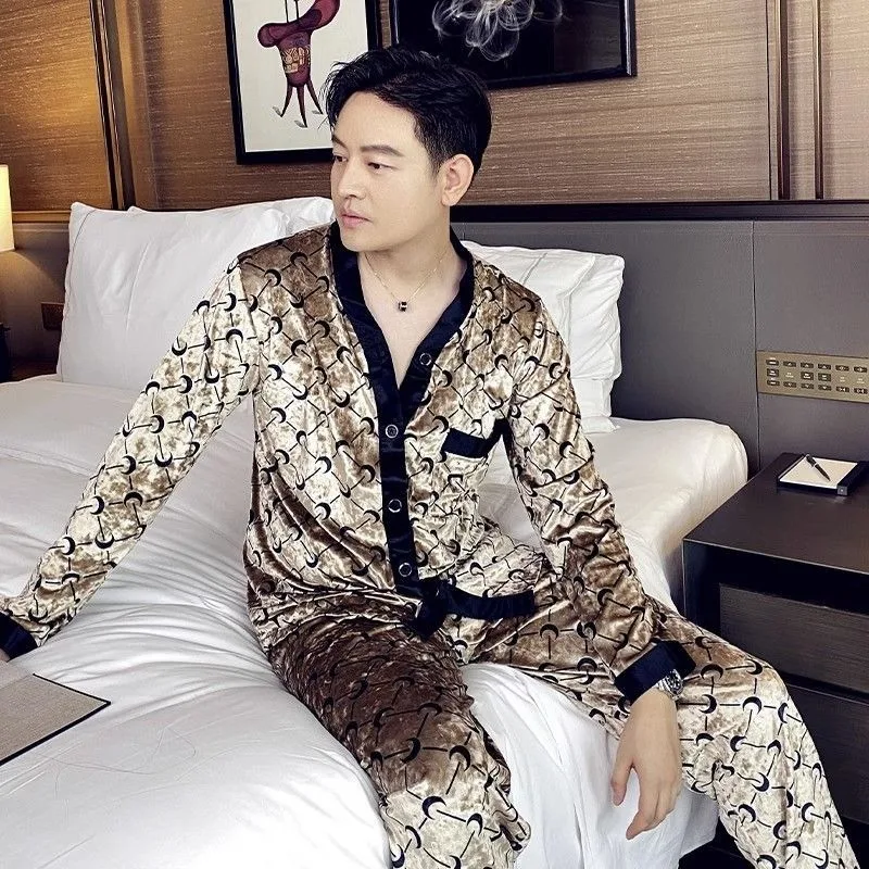 2024 New Couple's Pajamas Spring Autumn Men Gold Velvet Loungewear Women Thin Models Sleepwear Set Winter V-neck Loose Homewear