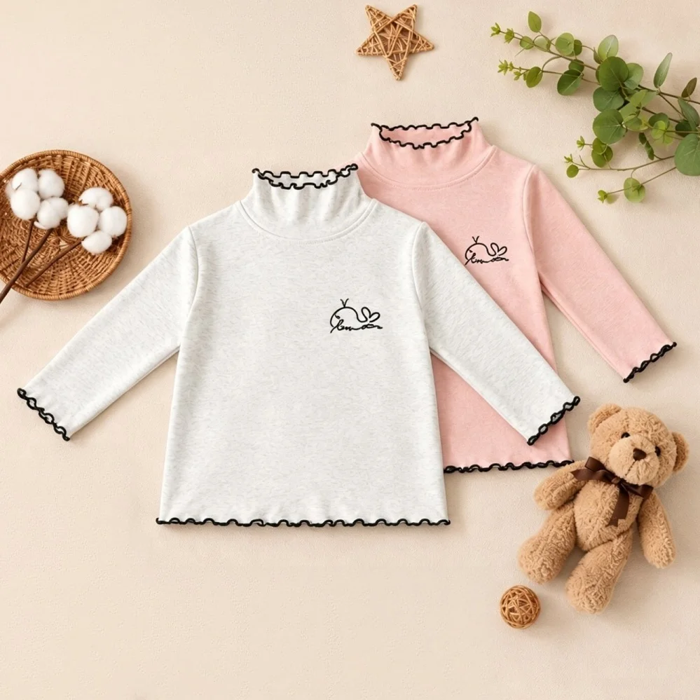 0-8Y Autumn Girls Long Sleeve Shirt Solid Kids Top Cartoon Embroidery Warm Child Base Layer Shirt Girls Tee Outwear Underwear
